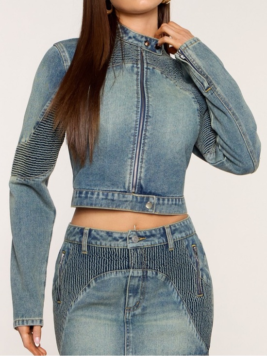 Denim - Cropped Blue Denim Moto Jacket - Women's Jeans Set Sz Small